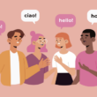 WordPress çoklu dil eklentileriyle küresel kitlelere ulaşmayı simgeleyen, farklı dillerde ("hallo", "ciao") birbirleriyle sohbet eden çok uluslu bir grup insan.
