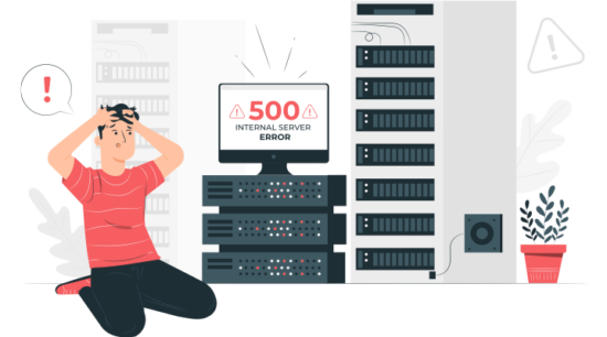 Sunucu odasında '500 Internal Server Error' hatası alan bir kullanıcı, panik içinde başını tutuyor. Bu görsel, iyi bir hosting destek hizmetinin neden kritik olduğunu gösteriyor.