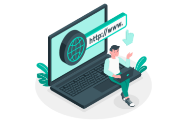 Hızlı bir hosting'in web sitesi performansına etkisini simgeleyen çizim. Bir kişi, dev bir dizüstü bilgisayar ekranındaki internet tarayıcısına erişerek bir siteyi ziyaret ediyor.