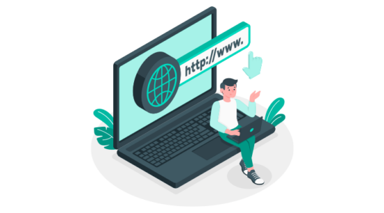 Hızlı bir hosting'in web sitesi performansına etkisini simgeleyen çizim. Bir kişi, dev bir dizüstü bilgisayar ekranındaki internet tarayıcısına erişerek bir siteyi ziyaret ediyor.