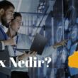 Sunucu odasında iki bilişim uzmanı, dizüstü bilgisayar ve interaktif bir veri ekranı kullanarak Linux işletim sistemini yönetiyor. Yanda Linux'un maskotu olan penguen yer alıyor.