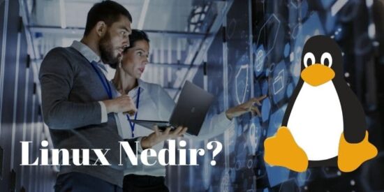 Sunucu odasında iki bilişim uzmanı, dizüstü bilgisayar ve interaktif bir veri ekranı kullanarak Linux işletim sistemini yönetiyor. Yanda Linux'un maskotu olan penguen yer alıyor.