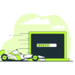 WordPress site hızlandırma eklentileriyle artan pagespeed performansını simgeleyen, laptop ekranındaki yükleme çubuğu önünde hızla hareket eden Formula 1 yarış arabası.