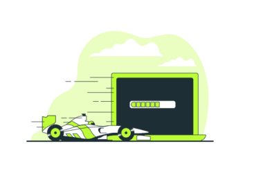 WordPress site hızlandırma eklentileriyle artan pagespeed performansını simgeleyen, laptop ekranındaki yükleme çubuğu önünde hızla hareket eden Formula 1 yarış arabası.