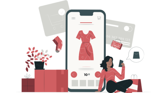 Cep telefonundan alışveriş yapan kadın, doğru e-ticaret altyapısı seçimi ile oluşturulan kullanıcı dostu bir e-ticaret sitesindeki sorunsuz müşteri deneyimini temsil ediyor.