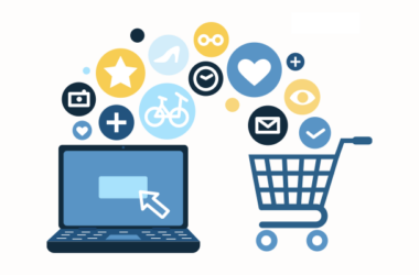 E-ihracat için doğru domain seçiminin önemini gösteren çizim: dizüstü bilgisayardan çıkan ürün ikonları online alışveriş sepetine doluyor ve başarılı bir uluslararası satış sürecini simgeliyor.