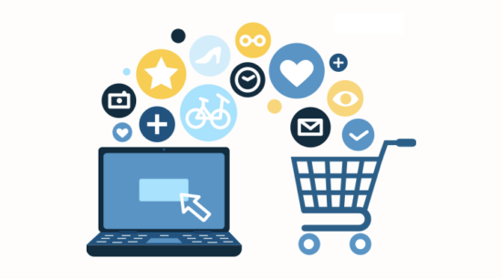 E-ihracat için doğru domain seçiminin önemini gösteren çizim: dizüstü bilgisayardan çıkan ürün ikonları online alışveriş sepetine doluyor ve başarılı bir uluslararası satış sürecini simgeliyor.
