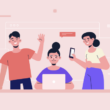 Laptop ve mobil cihaz kullanan mutlu kullanıcılar, satışları ve leadleri artırmak için optimize edilmiş bir landing page ile etkileşim kurarak markayla bağ kuruyor.