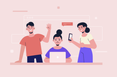 Laptop ve mobil cihaz kullanan mutlu kullanıcılar, satışları ve leadleri artırmak için optimize edilmiş bir landing page ile etkileşim kurarak markayla bağ kuruyor.