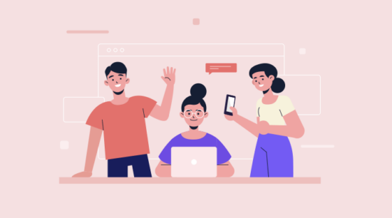 Laptop ve mobil cihaz kullanan mutlu kullanıcılar, satışları ve leadleri artırmak için optimize edilmiş bir landing page ile etkileşim kurarak markayla bağ kuruyor.