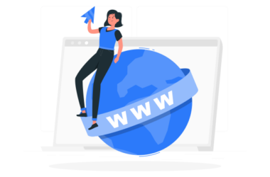 Türkçe domainlerin internet performansını temsil eden illüstrasyon: Bir kadın, üzerinde WWW yazan mavi bir kürenin üzerinde oturarak imleçle seçim yapıyor.