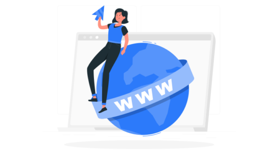 Türkçe domainlerin internet performansını temsil eden illüstrasyon: Bir kadın, üzerinde WWW yazan mavi bir kürenin üzerinde oturarak imleçle seçim yapıyor.