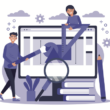 Web uygulaması tasarlayan iki kişilik bir ekip, büyük bir monitör üzerindeki kullanıcı arayüzünü cetvel, fırça ve büyüteç gibi dev araçlar kullanarak titizlikle inşa ediyor.