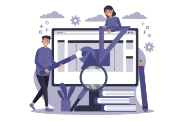 Web uygulaması tasarlayan iki kişilik bir ekip, büyük bir monitör üzerindeki kullanıcı arayüzünü cetvel, fırça ve büyüteç gibi dev araçlar kullanarak titizlikle inşa ediyor.