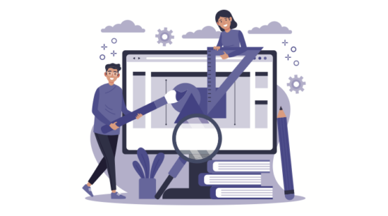 Web uygulaması tasarlayan iki kişilik bir ekip, büyük bir monitör üzerindeki kullanıcı arayüzünü cetvel, fırça ve büyüteç gibi dev araçlar kullanarak titizlikle inşa ediyor.