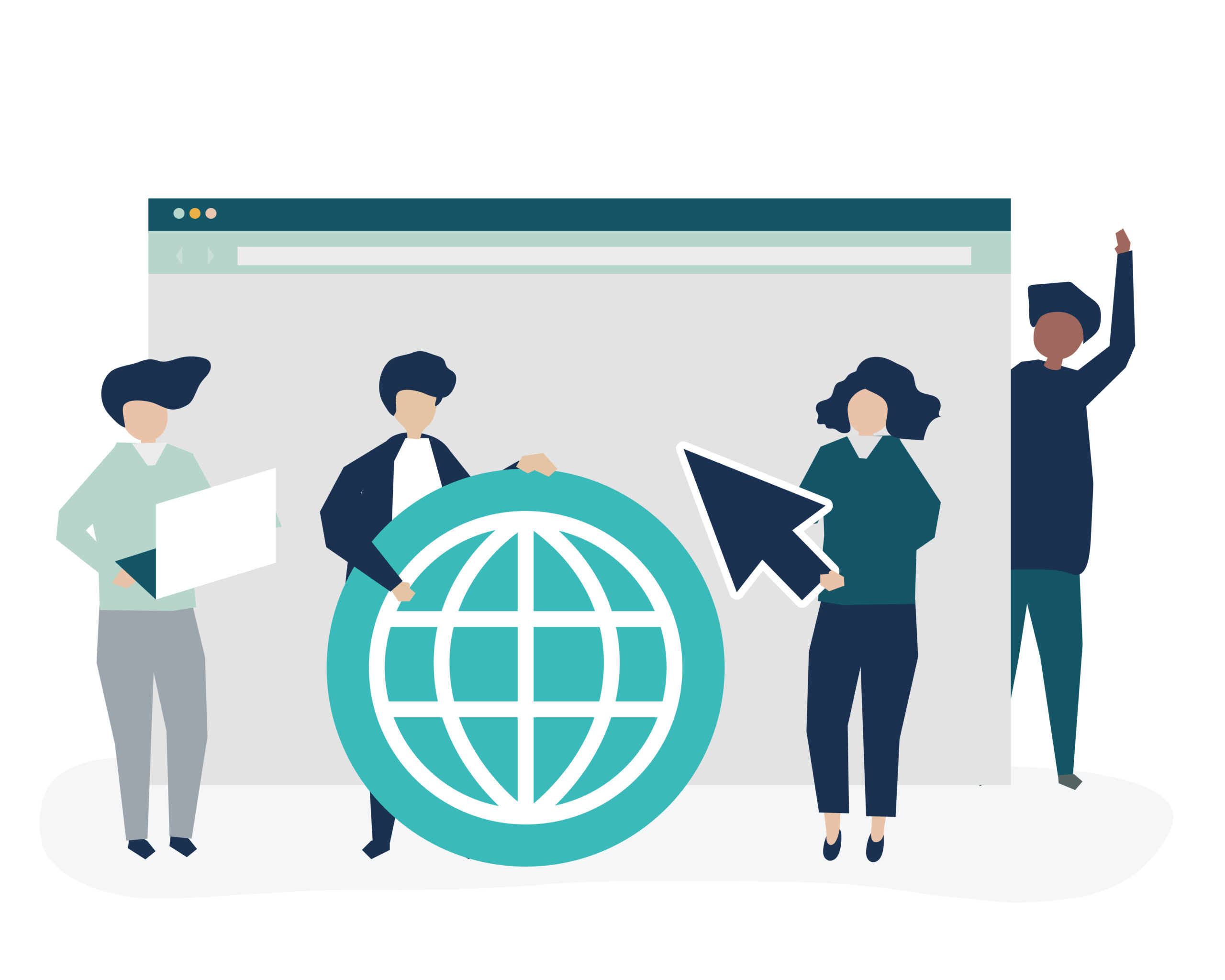 Domain backorder ile alan adı ön siparişi veren bir grup insan, tarayıcı penceresi önünde durarak dünya ve imleç simgeleriyle tescil işlemini simgeliyor.