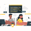 Dizüstü bilgisayarlarıyla çalışan iki yazılım geliştiricisi, PHP'nin web geliştirmedeki rolünü simgeliyor. Çevrelerinde PHP, HTML ve CSS etiketli kod pencereleri bulunuyor.