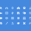 Font Awesome'ın web siteleri için sunduğu araç, tıp, eğitim gibi çeşitli kategorilerden oluşan geniş ikon kütüphanesini gösteren, mavi arka plan üzerindeki beyaz vektör simgeler.