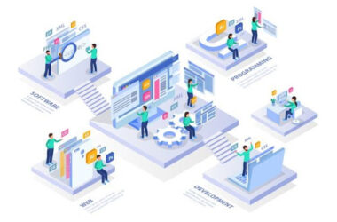 Python ile web sitesi yapma sürecini anlatan izometrik illüstrasyon. Geliştiriciler; yazılım, programlama, web ve development gibi farklı platformlarda kod ve kullanıcı arayüzleri oluşturuyor.