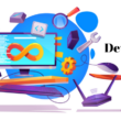 DevOps yaşam döngüsünü temsil eden sonsuzluk işareti, bir bilgisayar ekranında beliriyor. Çevresinde kodlama, test, dağıtım ve izleme gibi süreçleri simgeleyen çeşitli araç ikonları yer alıyor.