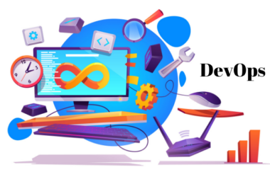 DevOps yaşam döngüsünü temsil eden sonsuzluk işareti, bir bilgisayar ekranında beliriyor. Çevresinde kodlama, test, dağıtım ve izleme gibi süreçleri simgeleyen çeşitli araç ikonları yer alıyor.