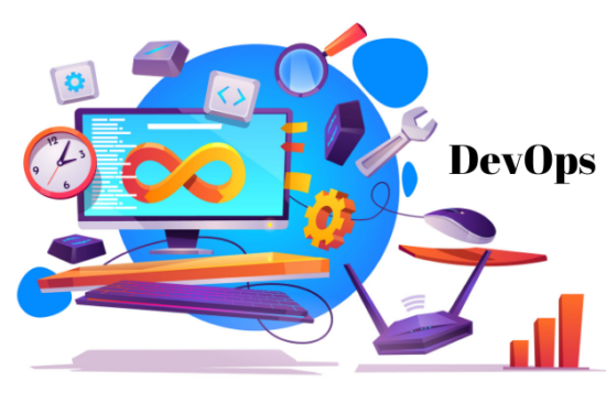 DevOps yaşam döngüsünü temsil eden sonsuzluk işareti, bir bilgisayar ekranında beliriyor. Çevresinde kodlama, test, dağıtım ve izleme gibi süreçleri simgeleyen çeşitli araç ikonları yer alıyor.