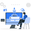 Bir uzman, SEO analizi yaparak web sitesinin performansını ve sıralamasını artırıyor; ekrandan fırlayan roket ve #1 simgesi bu başarıyı gösteriyor.