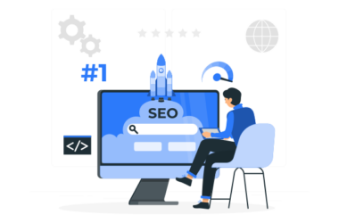Bir uzman, SEO analizi yaparak web sitesinin performansını ve sıralamasını artırıyor; ekrandan fırlayan roket ve #1 simgesi bu başarıyı gösteriyor.