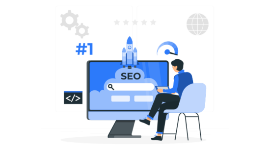 Bir uzman, SEO analizi yaparak web sitesinin performansını ve sıralamasını artırıyor; ekrandan fırlayan roket ve #1 simgesi bu başarıyı gösteriyor.
