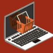 Kırmızı fon üzerinde, e-ticaret sitesi kurma konseptini temsil eden, laptop ekranından fırlayan turuncu bir alışveriş sepetinin izometrik çizimi.
