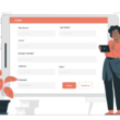 Elinde tablet tutan bir kişi, WordPress iletişim eklentisi ile oluşturulmuş, ad, e-posta ve adres gibi alanlar içeren büyük bir dijital formu inceliyor.