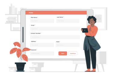 Elinde tablet tutan bir kişi, WordPress iletişim eklentisi ile oluşturulmuş, ad, e-posta ve adres gibi alanlar içeren büyük bir dijital formu inceliyor.