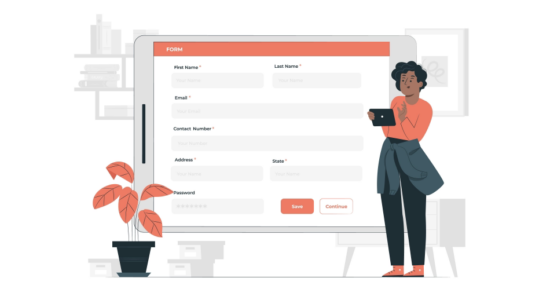 Elinde tablet tutan bir kişi, WordPress iletişim eklentisi ile oluşturulmuş, ad, e-posta ve adres gibi alanlar içeren büyük bir dijital formu inceliyor.