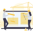Baretli iki figür, bir vinçle web sitesi arayüzüne blok yerleştiriyor. Bu illüstrasyon, WordPress Page Builder eklentilerinin sürükle-bırak yöntemiyle sayfa yapma kolaylığını simgeliyor.