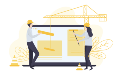 Baretli iki figür, bir vinçle web sitesi arayüzüne blok yerleştiriyor. Bu illüstrasyon, WordPress Page Builder eklentilerinin sürükle-bırak yöntemiyle sayfa yapma kolaylığını simgeliyor.