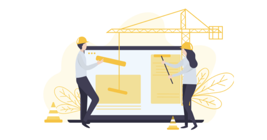 Baretli iki figür, bir vinçle web sitesi arayüzüne blok yerleştiriyor. Bu illüstrasyon, WordPress Page Builder eklentilerinin sürükle-bırak yöntemiyle sayfa yapma kolaylığını simgeliyor.