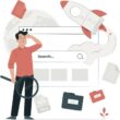 Elinde büyüteçle bir kullanıcı, WordPress site içi arama eklentilerinin hızını ve gücünü simgeleyen, roket fırlatan bir arama çubuğunun önünde durarak içerikleri inceliyor.