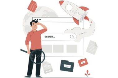 Elinde büyüteçle bir kullanıcı, WordPress site içi arama eklentilerinin hızını ve gücünü simgeleyen, roket fırlatan bir arama çubuğunun önünde durarak içerikleri inceliyor.