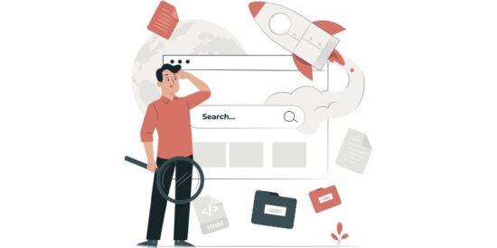 Elinde büyüteçle bir kullanıcı, WordPress site içi arama eklentilerinin hızını ve gücünü simgeleyen, roket fırlatan bir arama çubuğunun önünde durarak içerikleri inceliyor.