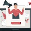 Laptop ekranındaki abonelik penceresinden çıkan bir adam, megafonla e-posta duyurusu yapıyor. Görsel, WordPress bülten eklentilerinin abone kazanma işlevini ve e-posta pazarlamasını temsil ediyor.