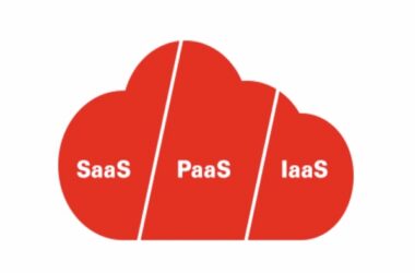 Bulut bilişim kavramını görselleştiren kırmızı bulut simgesi. Simge, SaaS, PaaS ve IaaS olmak üzere üç ana hizmet modelini temsil eden dikey bölümlere ayrılmıştır.