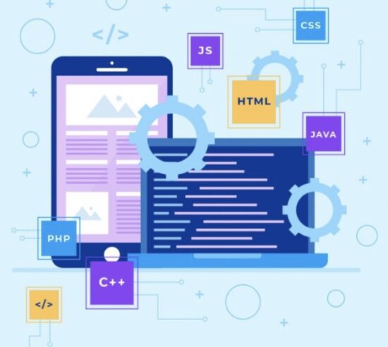 Dizüstü bilgisayar ve akıllı telefon, SQL ile yönetilen veri tabanlarıyla çalışan PHP, Java, HTML gibi farklı yazılım dillerini simgeleyen ikonlarla çevrelenmiş.