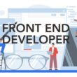 Front-end developer ekibinin bir web arayüzü oluşturma sürecini gösteren konsept çizim. Tasarım, kodlama ve yaratıcı fikir geliştirme gibi farklı görevleri simgeleyen insanlar ve ögeler bulunuyor.