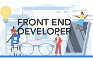 Front-end developer ekibinin bir web arayüzü oluşturma sürecini gösteren konsept çizim. Tasarım, kodlama ve yaratıcı fikir geliştirme gibi farklı görevleri simgeleyen insanlar ve ögeler bulunuyor.