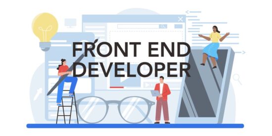 Front-end developer ekibinin bir web arayüzü oluşturma sürecini gösteren konsept çizim. Tasarım, kodlama ve yaratıcı fikir geliştirme gibi farklı görevleri simgeleyen insanlar ve ögeler bulunuyor.