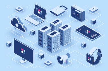 Serverless mimarisini gösteren izometrik diyagram. Merkezdeki sunucular, bir ağ üzerinden bulut, laptop, telefon ve akıllı saat gibi cihazlara bağlanarak sunucusuz bilişim altyapısını temsil ediyor.