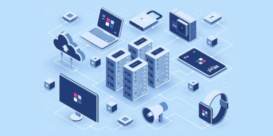 Serverless mimarisini gösteren izometrik diyagram. Merkezdeki sunucular, bir ağ üzerinden bulut, laptop, telefon ve akıllı saat gibi cihazlara bağlanarak sunucusuz bilişim altyapısını temsil ediyor.
