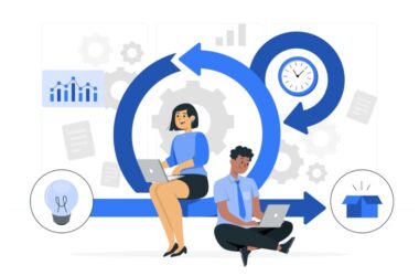 Scrum metodunun döngüsel yapısı: Bir geliştirme ekibi, zamanlanmış sprintler içinde laptoplarıyla işbirliği yaparak fikir aşamasından (ampul) ürün teslimatına (kutu) ulaşıyor.