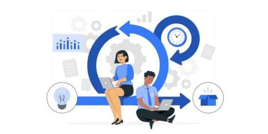 Scrum metodunun döngüsel yapısı: Bir geliştirme ekibi, zamanlanmış sprintler içinde laptoplarıyla işbirliği yaparak fikir aşamasından (ampul) ürün teslimatına (kutu) ulaşıyor.