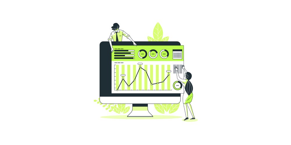 Organik hit artırma stratejileri uygulayan iki SEO uzmanı, büyük bir monitördeki dalgalı trafik grafiğini ve web sitesi performans metriklerini inceliyor.